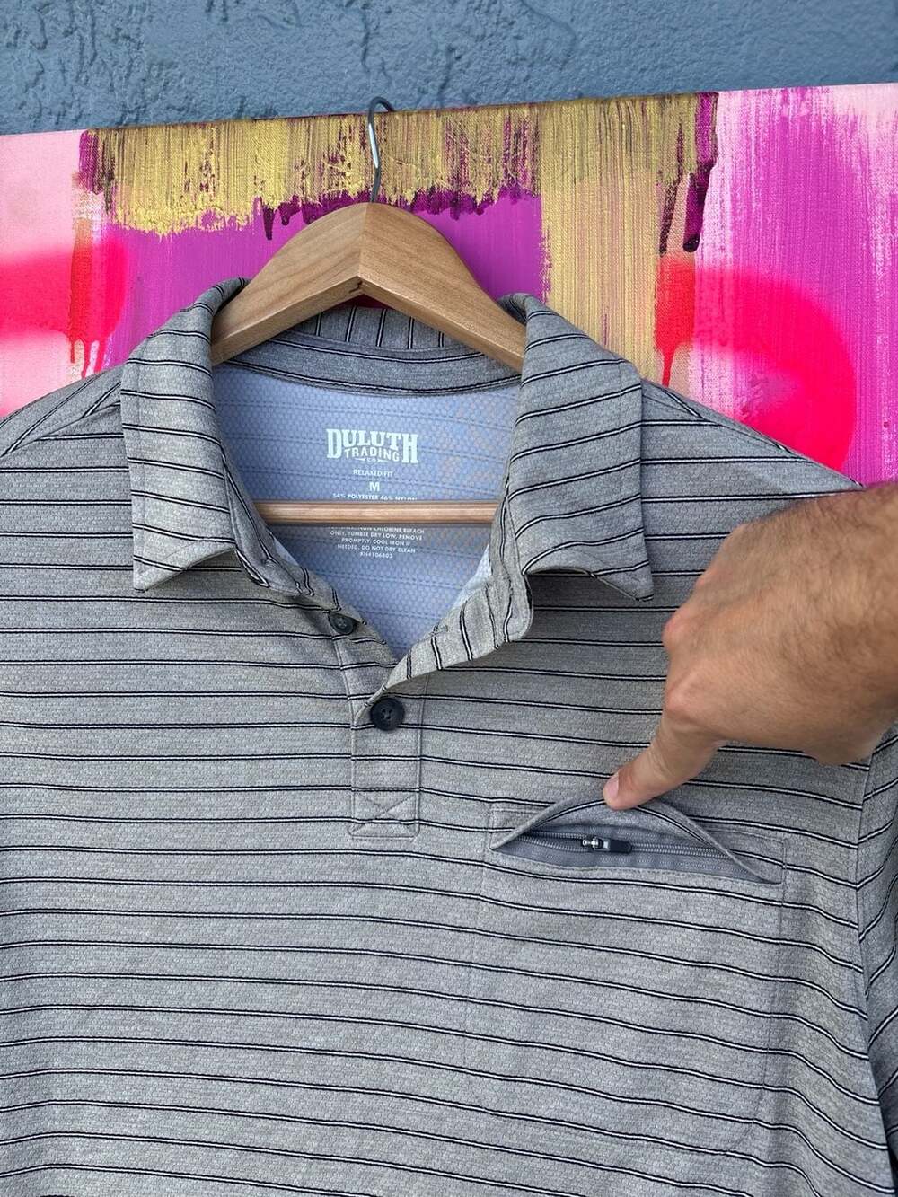 Duluth Trading Co Men's Gray Stripe Polo Shirt Short Sleeve with Pocket M